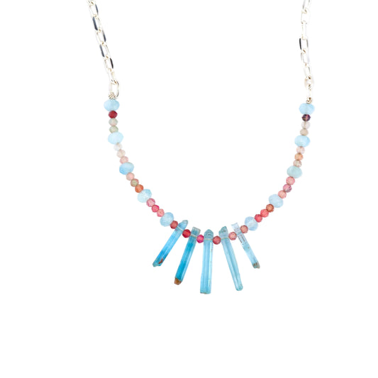 Raw Aquamarine & Pink Tourmaline Silver Beaded Necklace