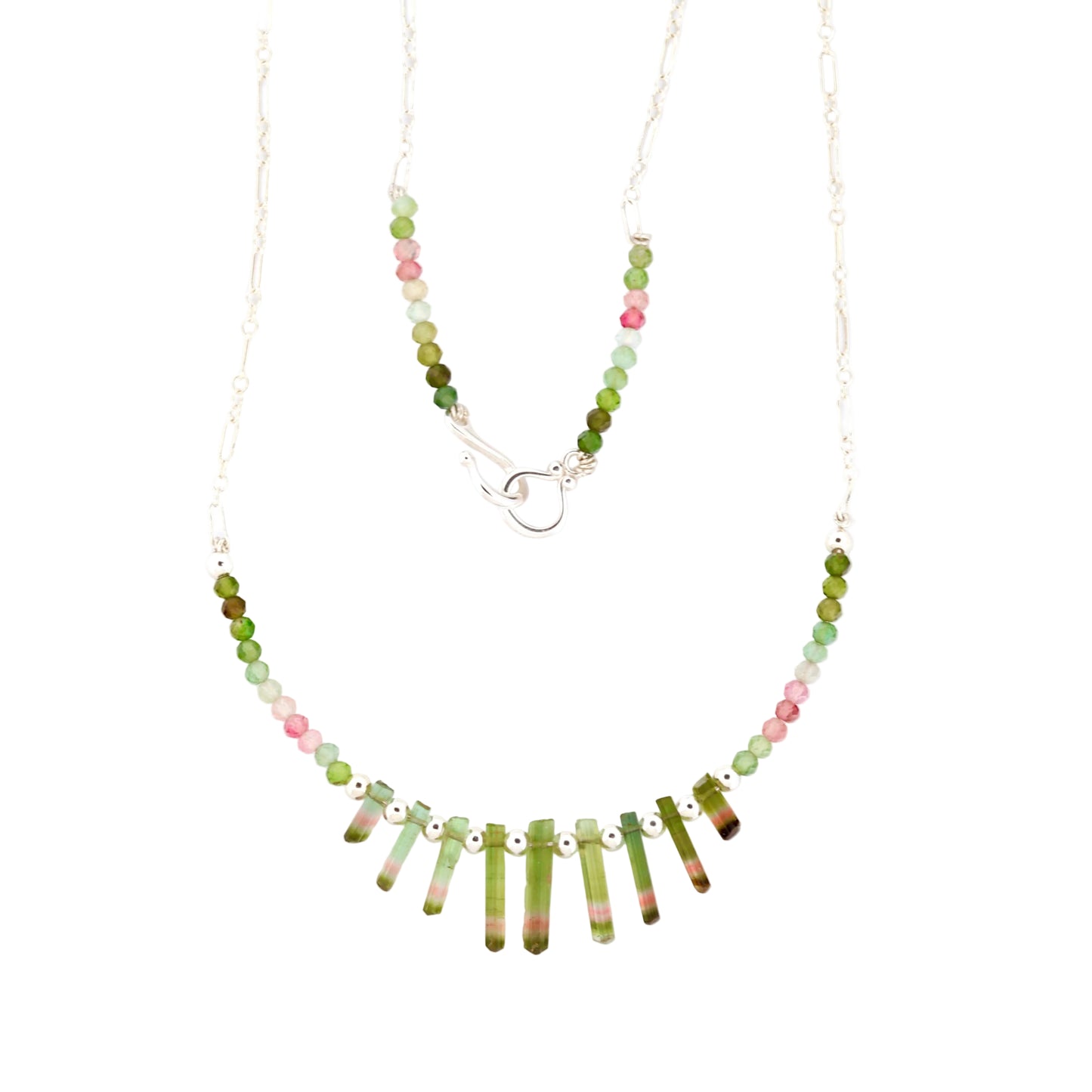 Raw Watermelon Tourmaline Crystal & Silver Beaded Necklace