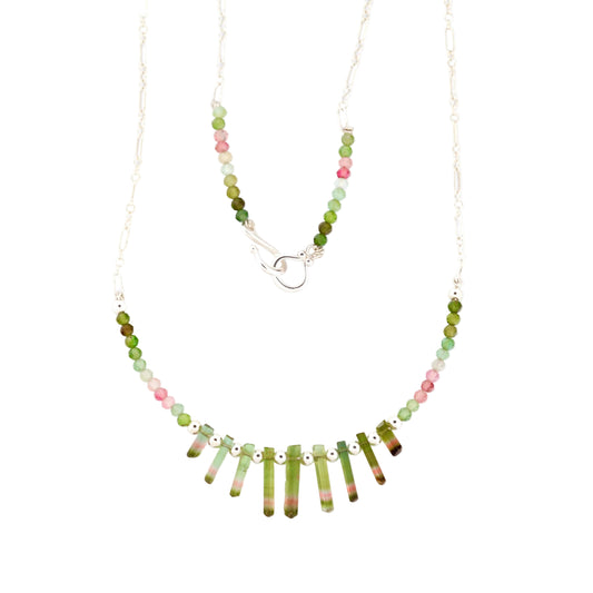 Raw Watermelon Tourmaline Crystal & Silver Beaded Necklace