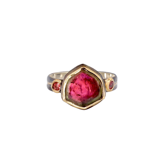 Watermelon Tourmaline in 14k gold and oxidized silver Ring