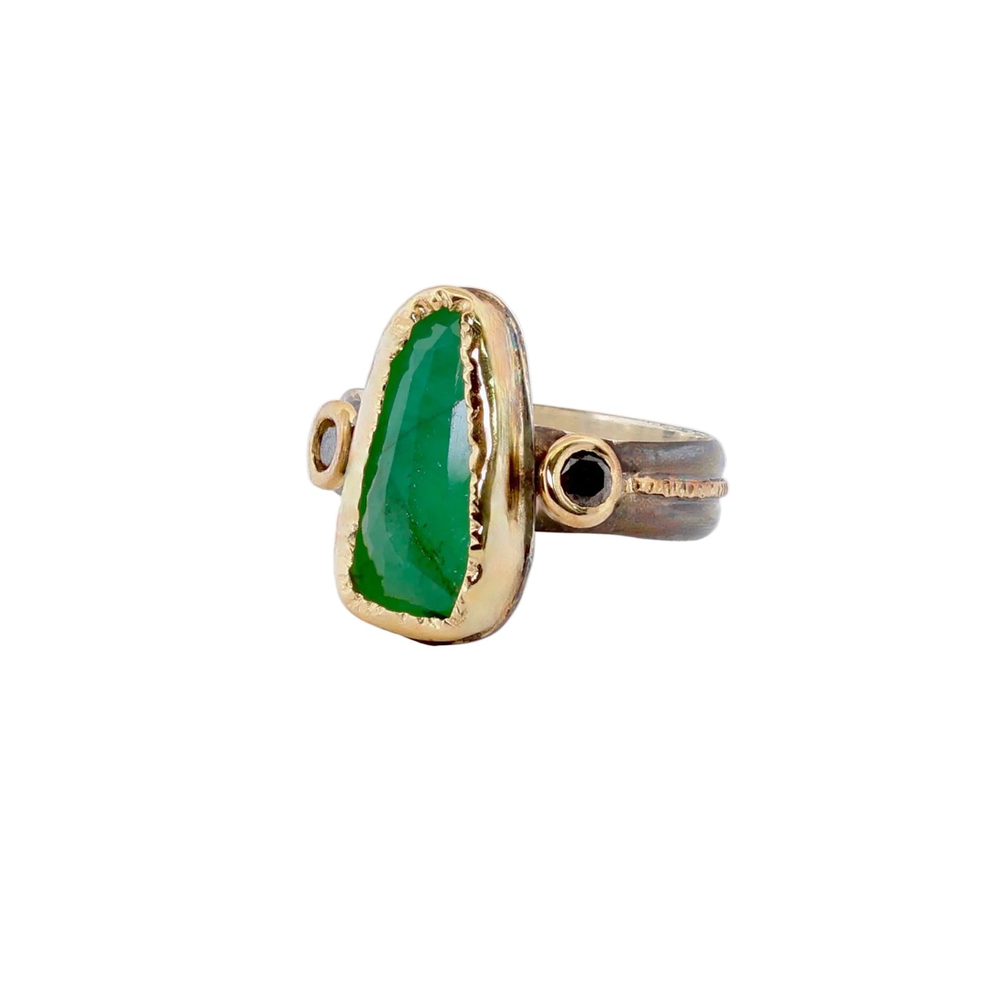Emerald and Black Diamond, 14k gold on oxidized silver ring