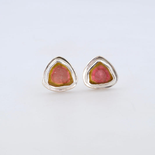 Raw Watermelon Tourmaline Slice Sterling Silver Stud Earrings