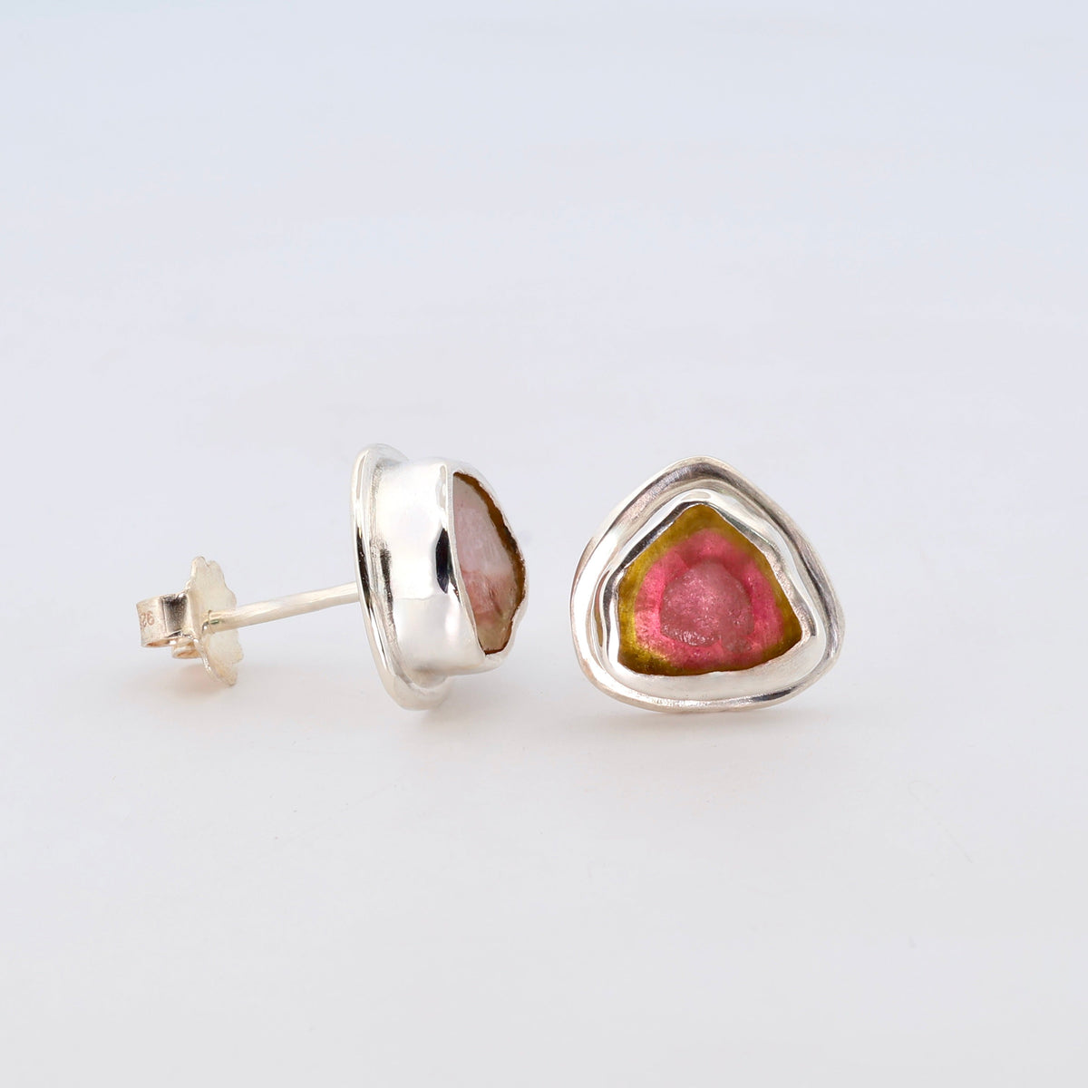 Raw Watermelon Tourmaline Slice Sterling Silver Stud Earrings