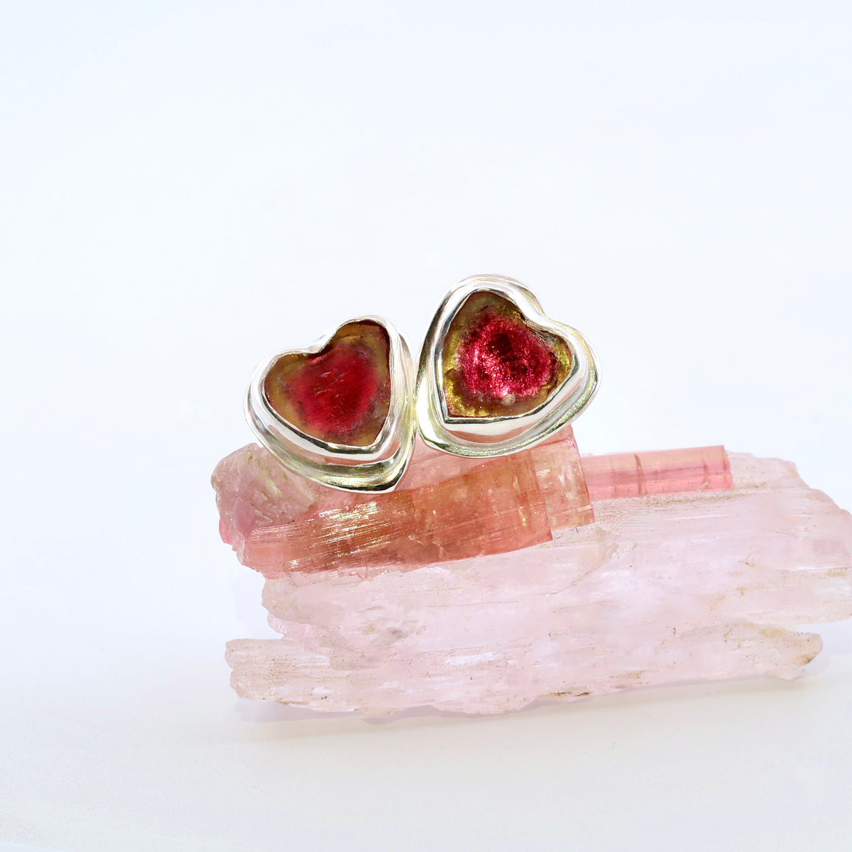 Raw Heart Shaped Watermelon Tourmaline Slice Sterling Silver Stud Earrings