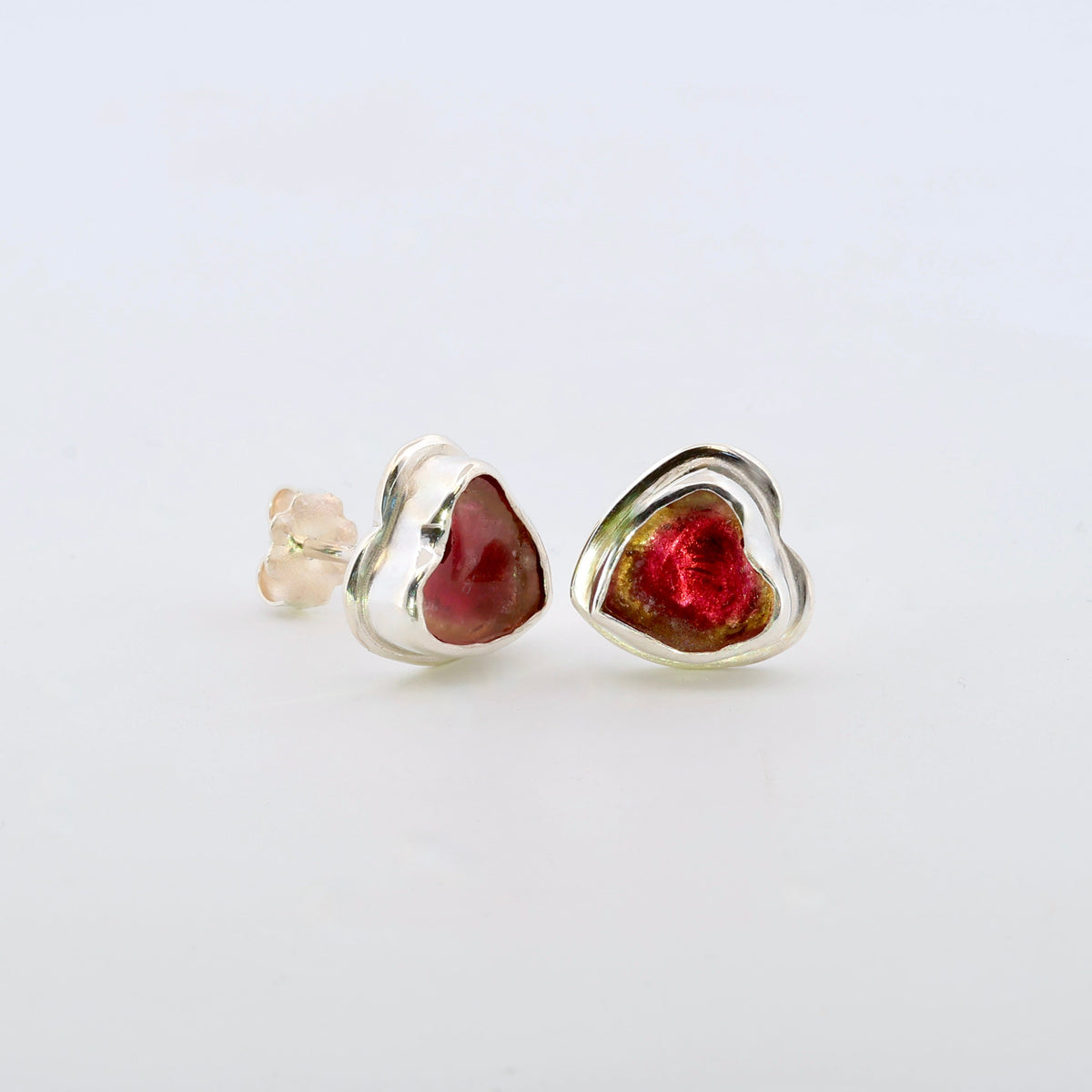Raw Heart Shaped Watermelon Tourmaline Slice Sterling Silver Stud Earrings