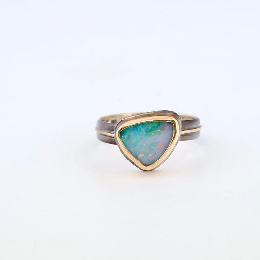 Black and Gold triangle boulder opal ring