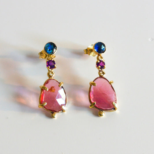 14k gold tourmaline, sapphire, amethyst earrings