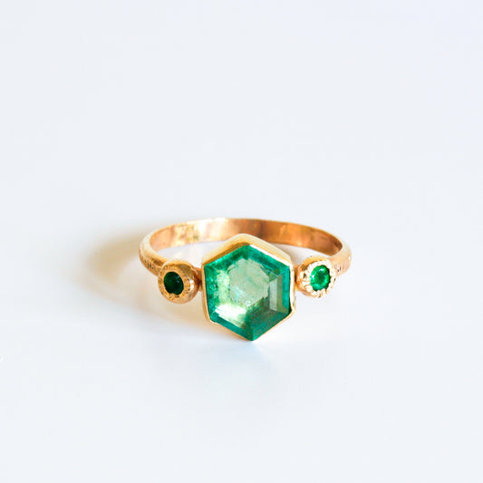 14k Gold and Emerald Hex Ring