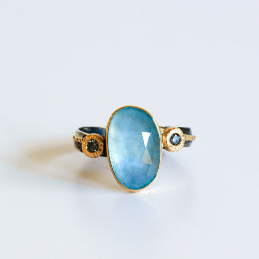 Oxidized Silver, Aquamarine, & Diamond Ring