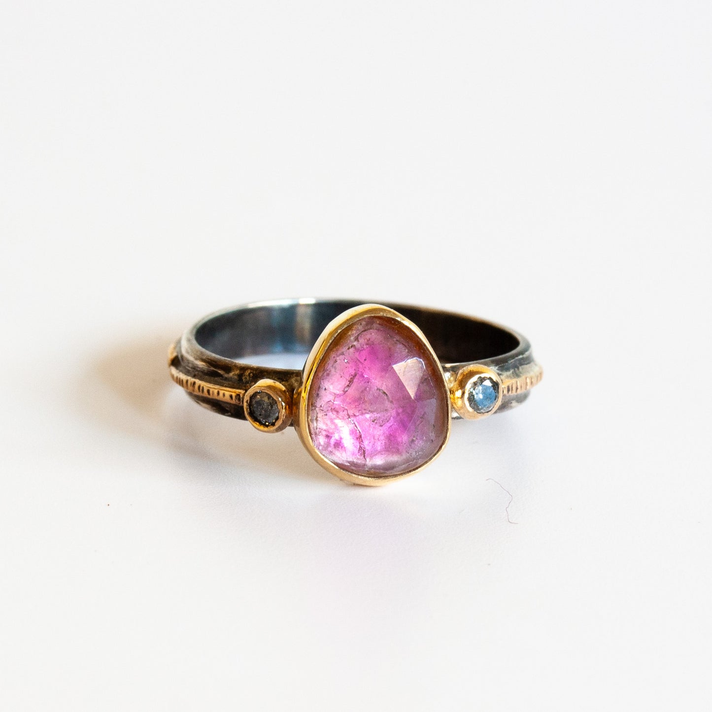 Oxidized Sterling Silver, Gold, & Pink Tourmaline Ring