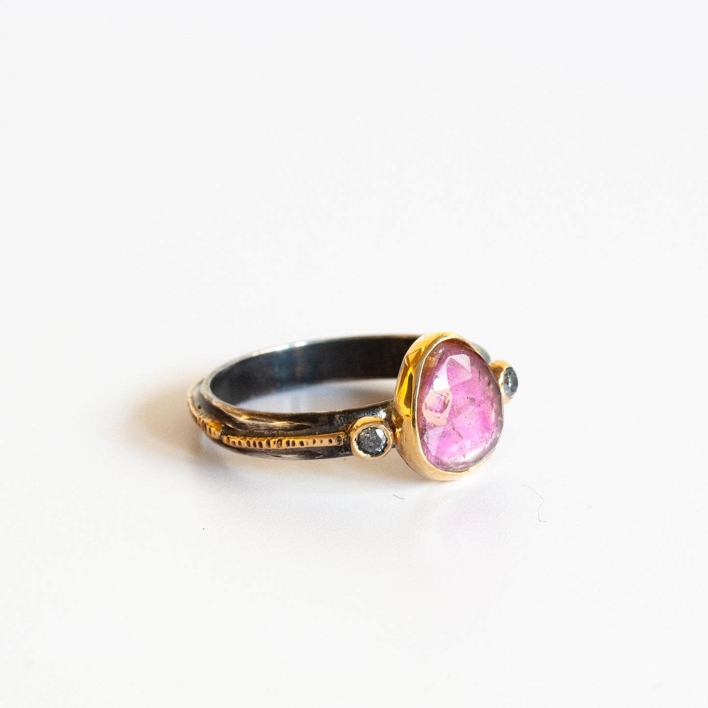 Oxidized Sterling Silver, Gold, & Pink Tourmaline Ring