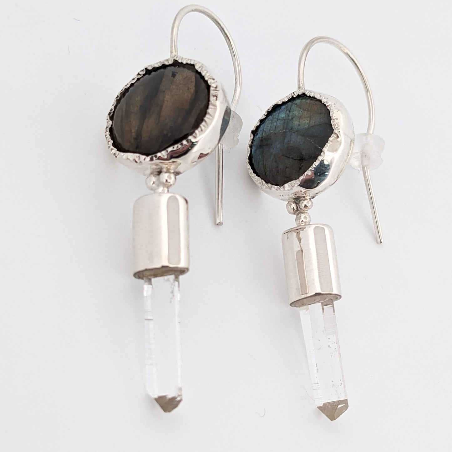Medium Silver Earrings with Labradorite and clear quartz
