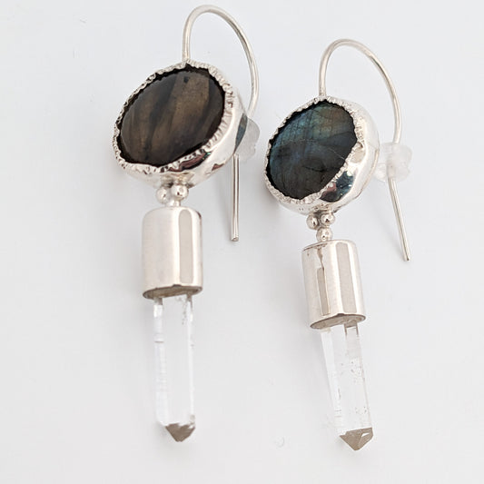Medium Silver Earrings with Labradorite and clear quartz