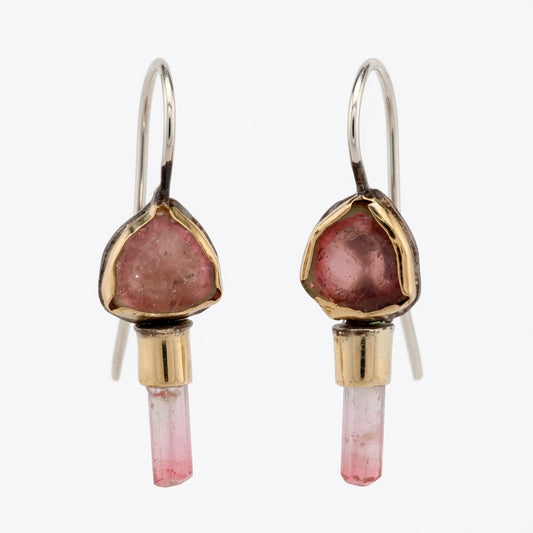 Dusty rose tourmaline in black and gold earrings